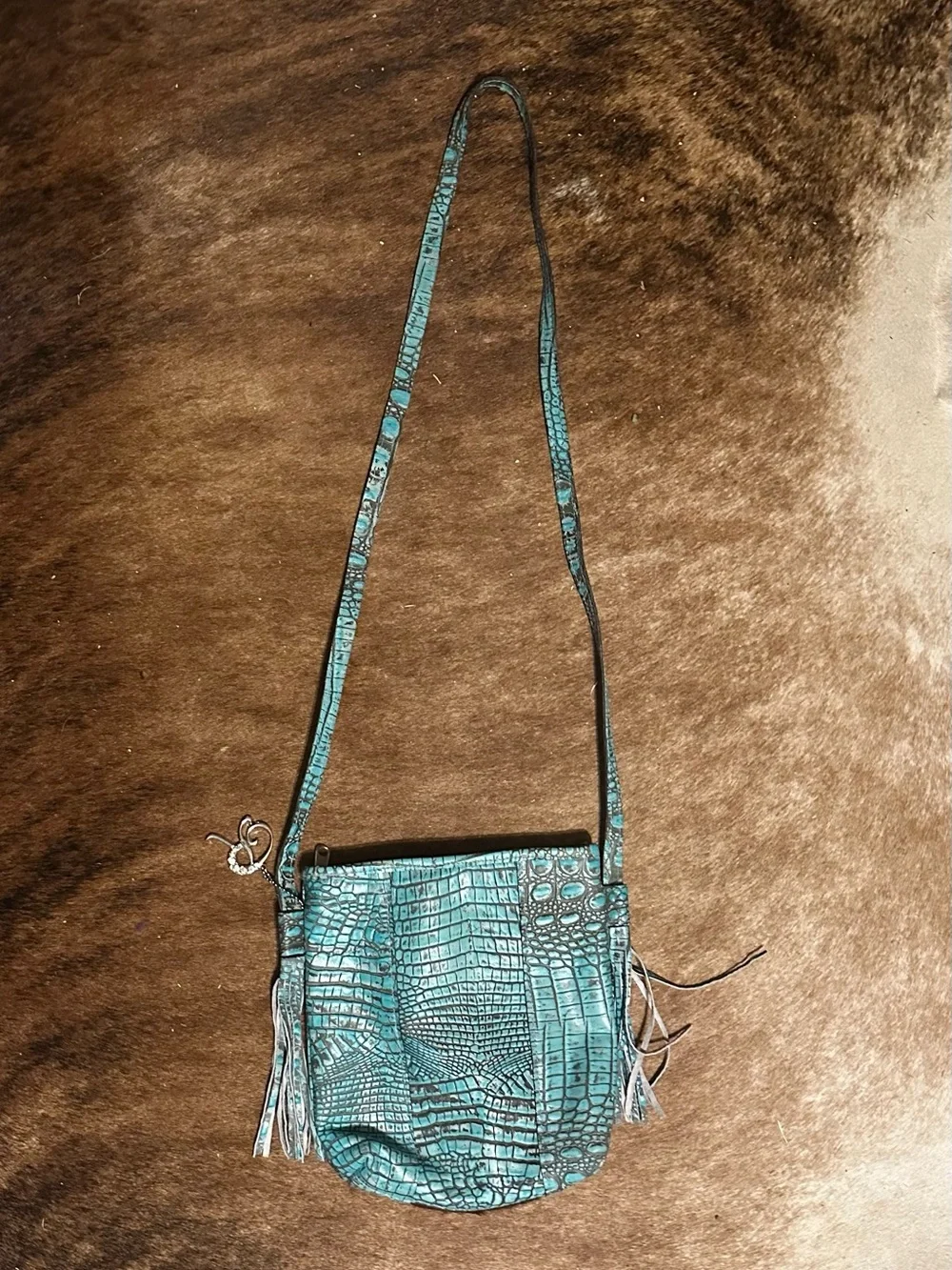 Raviani Turquoise Croc-Embossed Fringe Crossbody with Crystal Accents